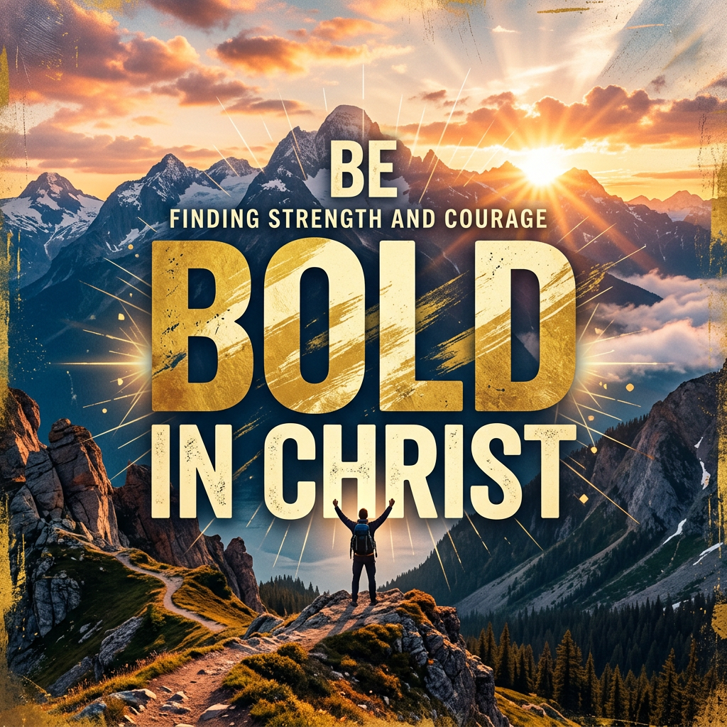 A person standing on a mountain peak with text 'Be Bold in Christ' and 'Finding Strength and Courage'