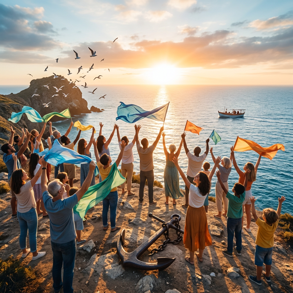 People on a cliff waving colorful scarves and cheering with the ocean and sunset in the background.